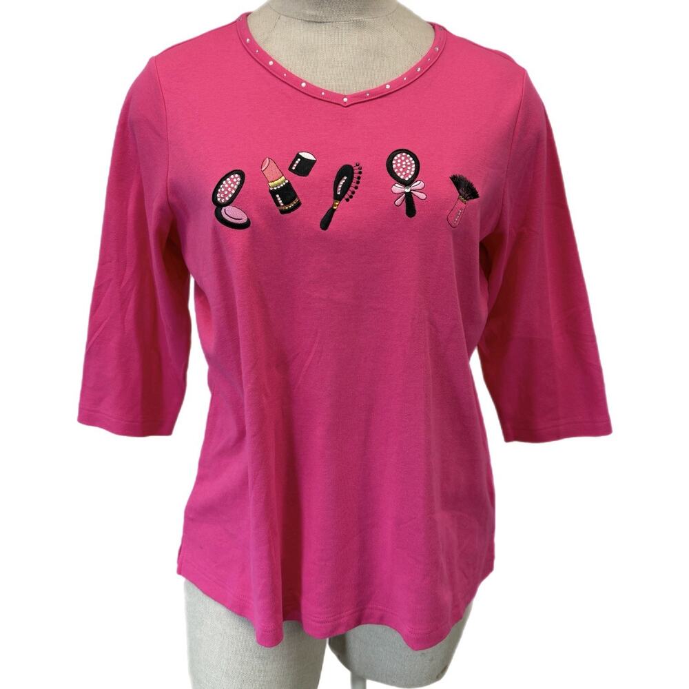 Quacker Factory Pink Makeup Beauty Embroidered Rhinestone 3/4 Sleeve Top 1X - Picture 2 of 4